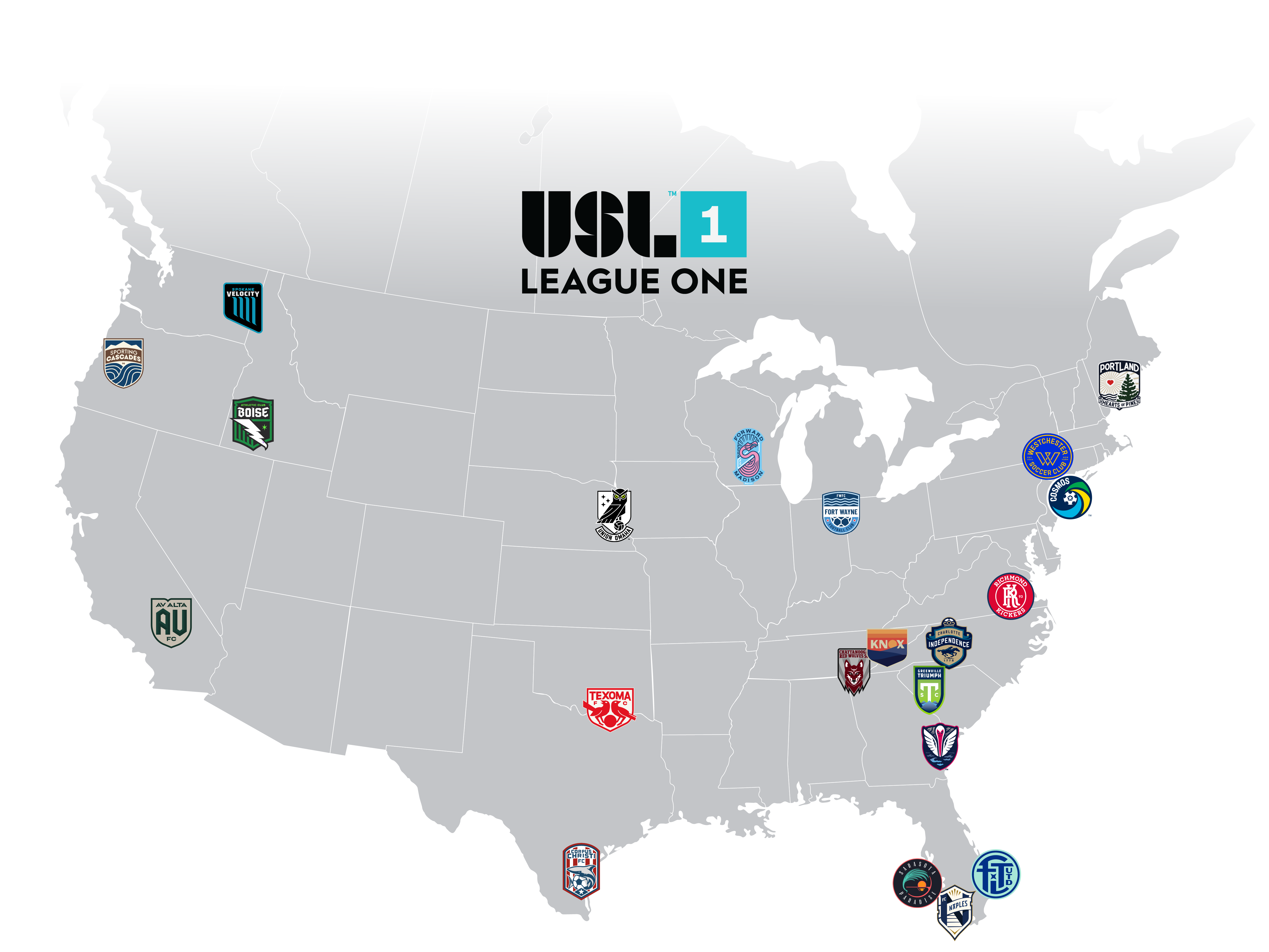 USL League One map of clubs across the United States