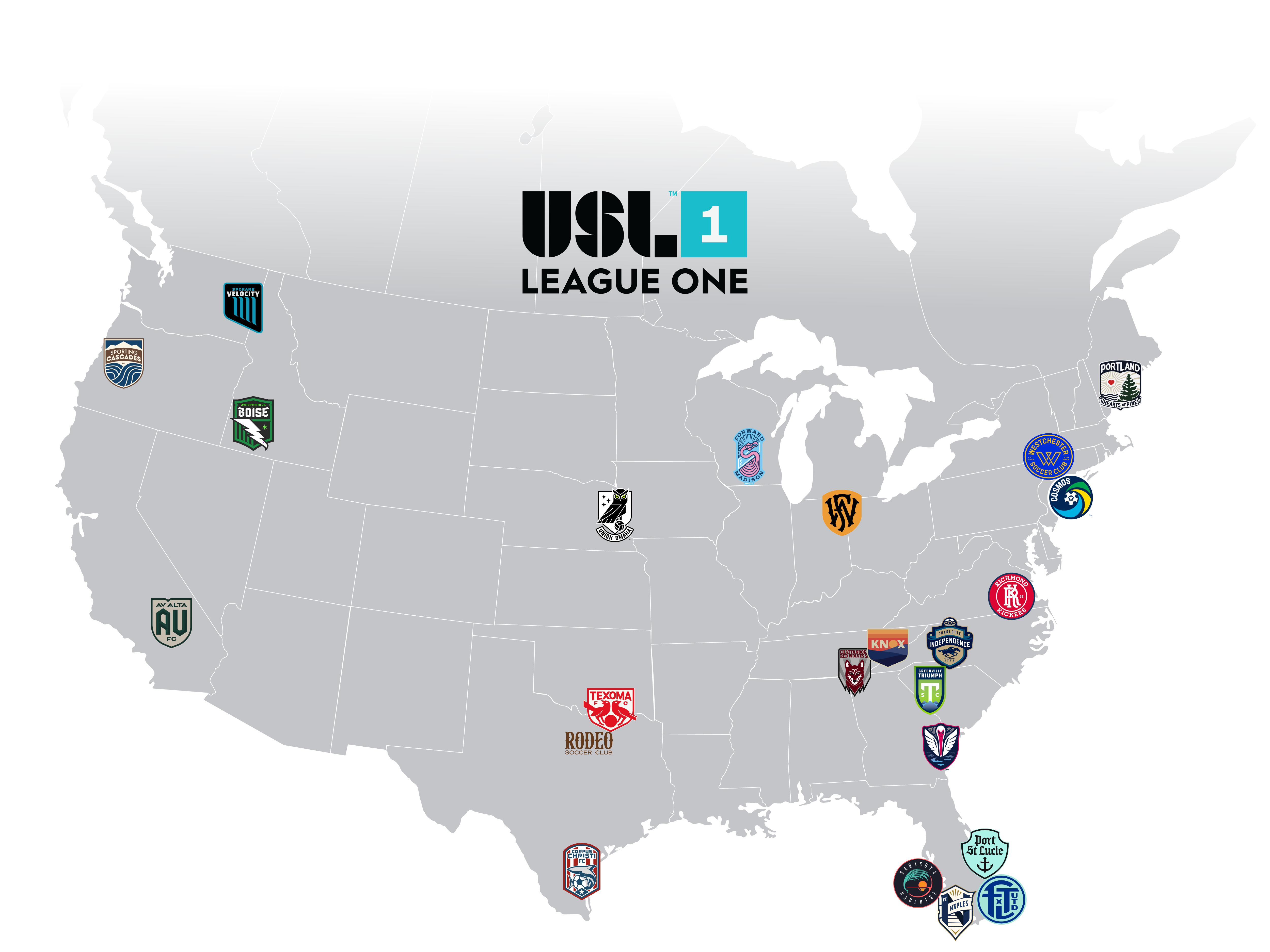 USL League One map of clubs across the United States